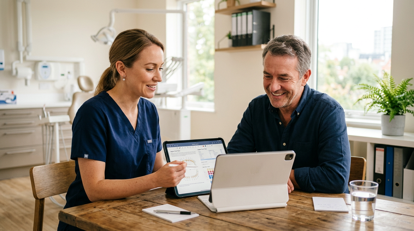 Dentist and patient reviewing a dental implant treatment plan and cost in Reseda