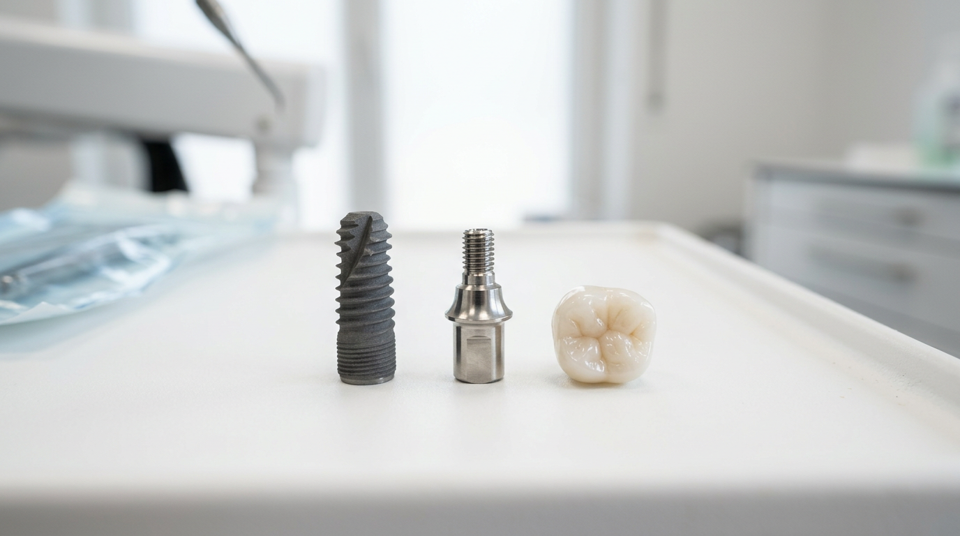 Dental implant components showing the titanium post, abutment, and ceramic crown