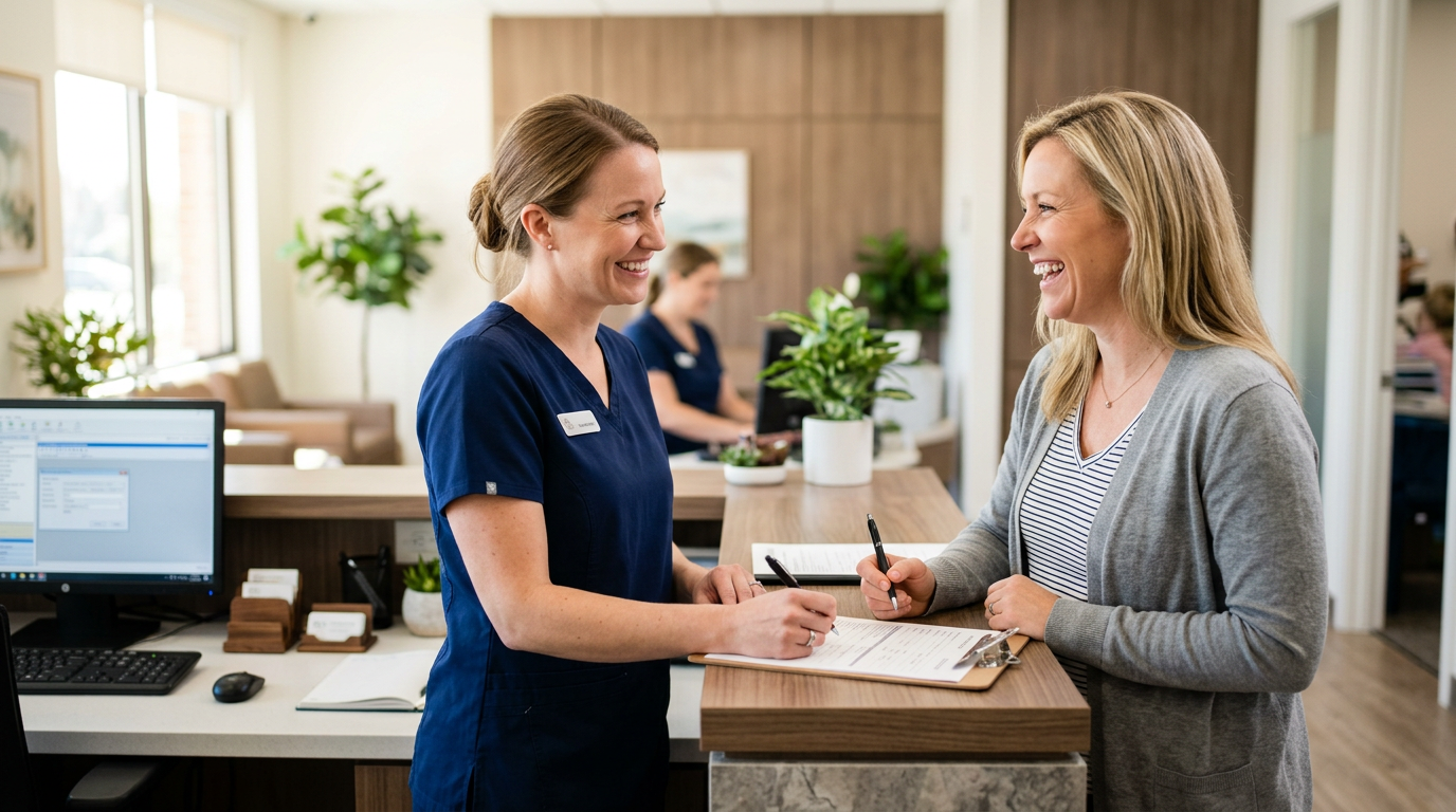 Patient reviewing dental implant payment options at the Canby Dental front desk in Reseda
