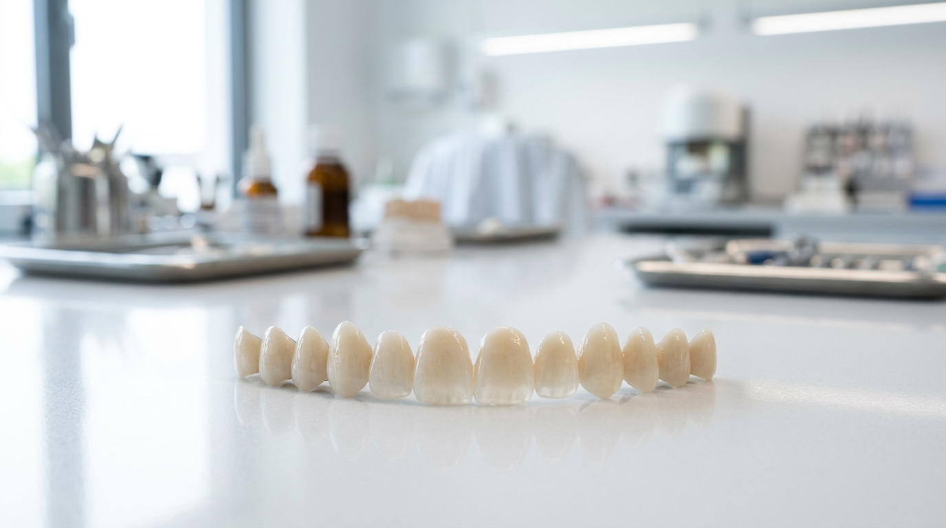 Thin porcelain dental veneers arranged in a dental lab