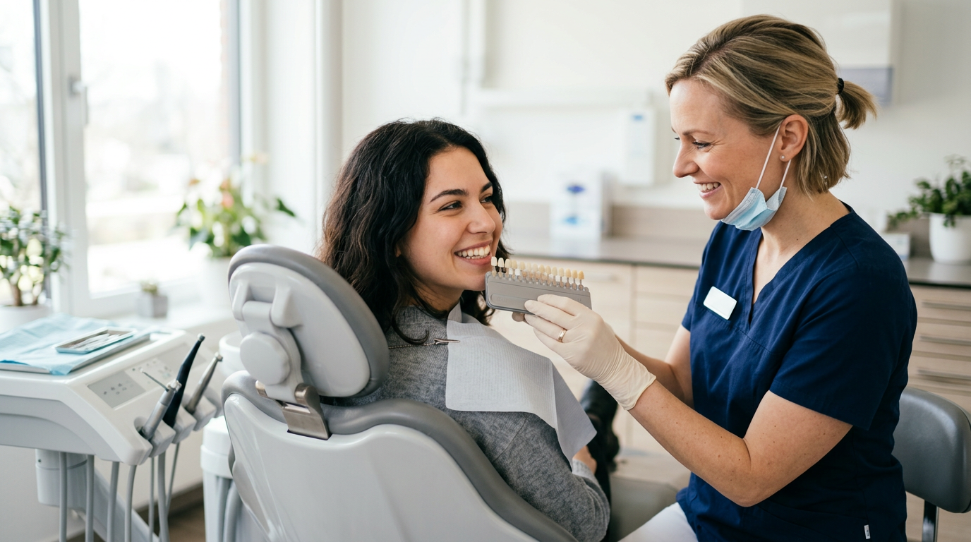 Dentist checking tooth color with a shade guide during a cosmetic consultation in Reseda