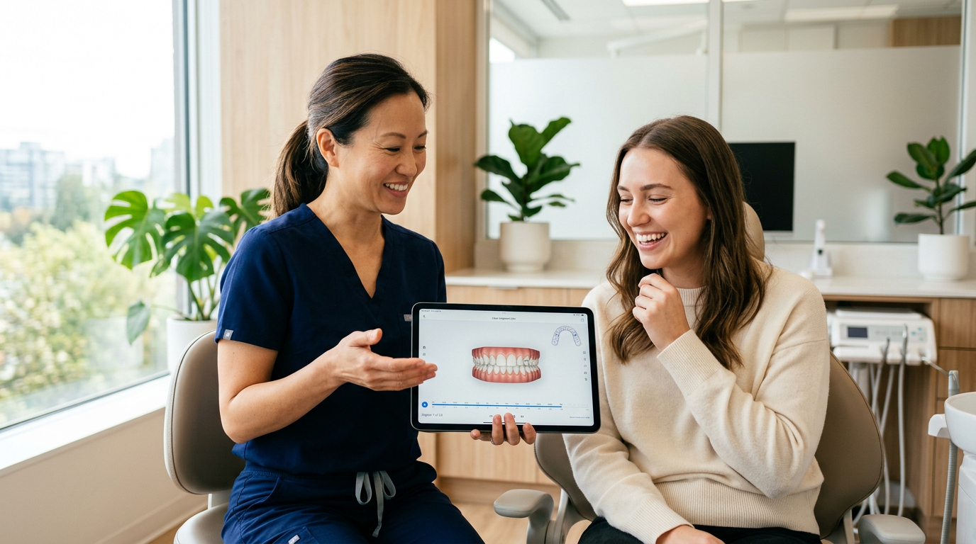 Dentist and patient reviewing an Invisalign treatment plan and cost in Reseda