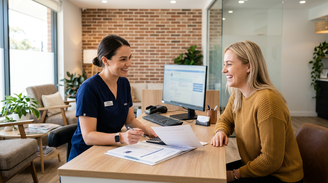 Patient reviewing Invisalign payment options at a Reseda dental office front desk