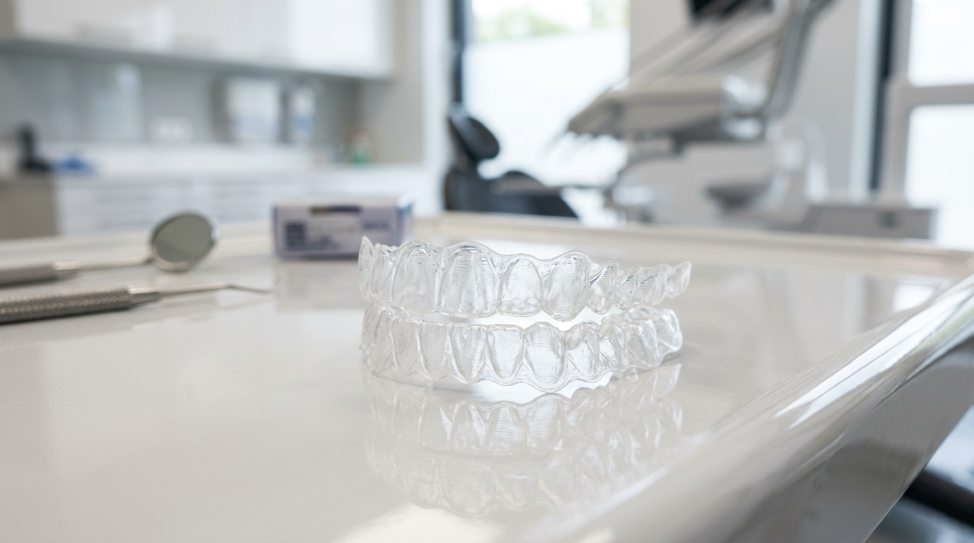 Set of clear Invisalign aligner trays on a surface in a Reseda dental office