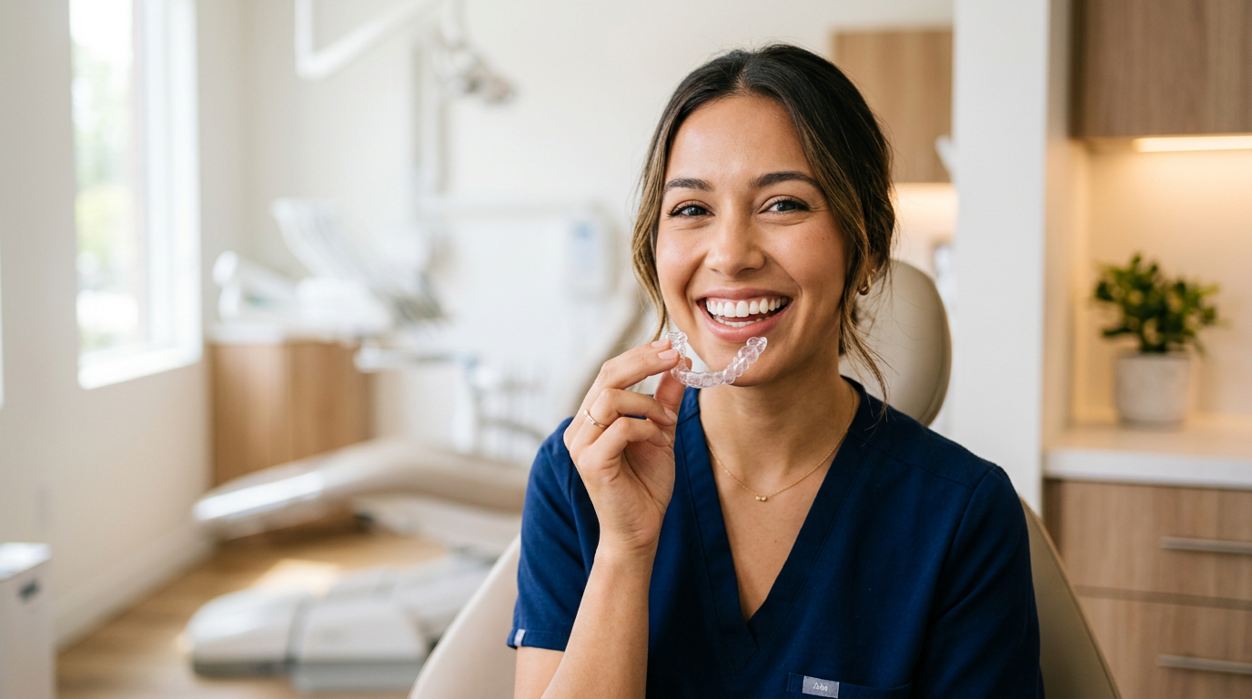 Reseda patient holding a clear Invisalign aligner tray at Canby Dental