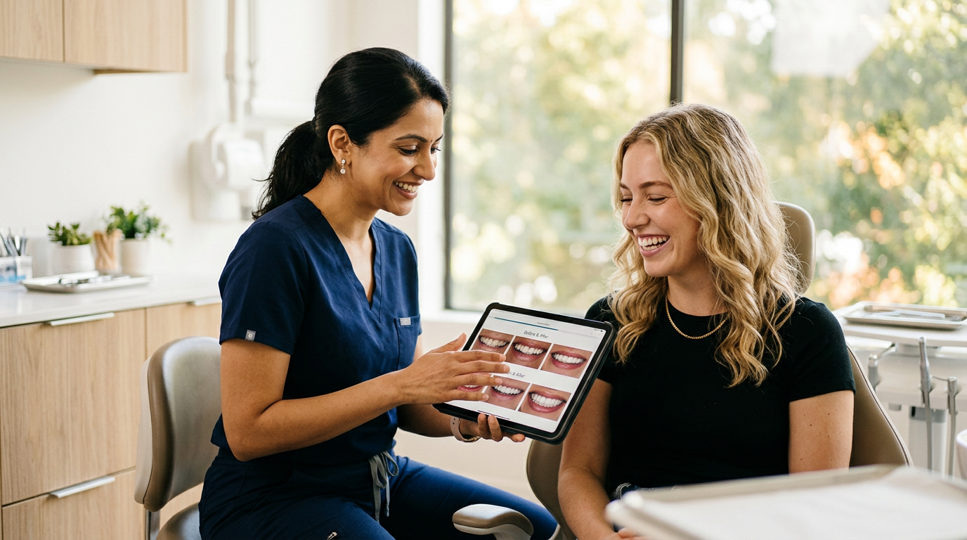 Cosmetic dentist and patient reviewing smile makeover options in Reseda