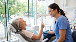 Smiling patient considering dental implant treatment in a Reseda dental office