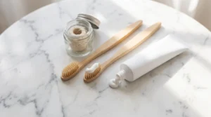 Toothbrushes, dental floss and toothpaste laid out for a guide to brushing and flossing properly