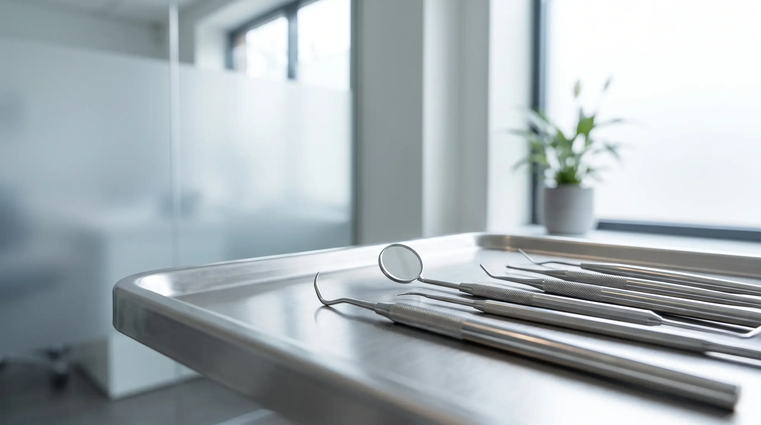 Professional dental cleaning instruments on a sterile tray at a Reseda dental office
