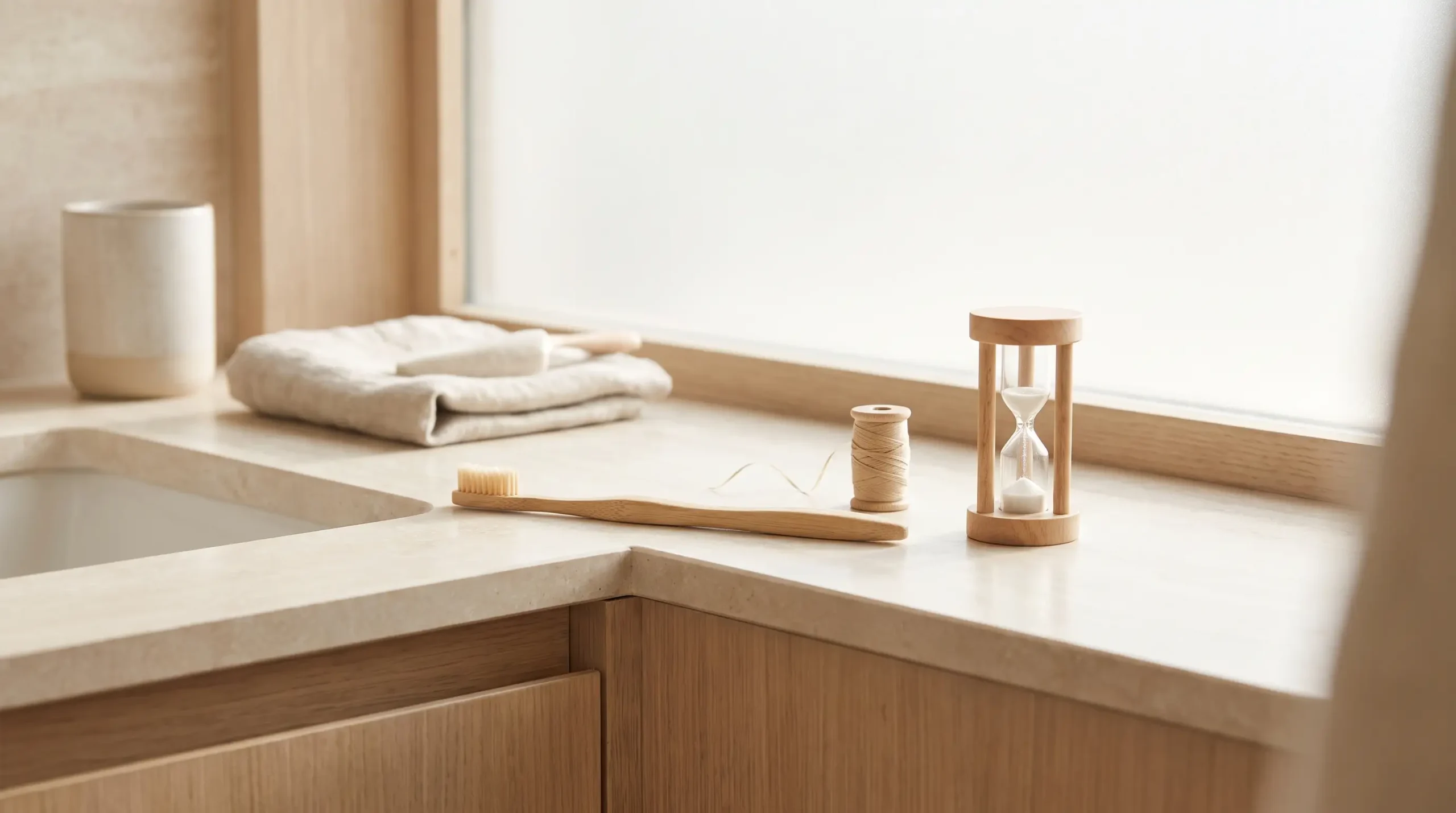 Toothbrush, dental floss and timer showing how often you should get a dental cleaning