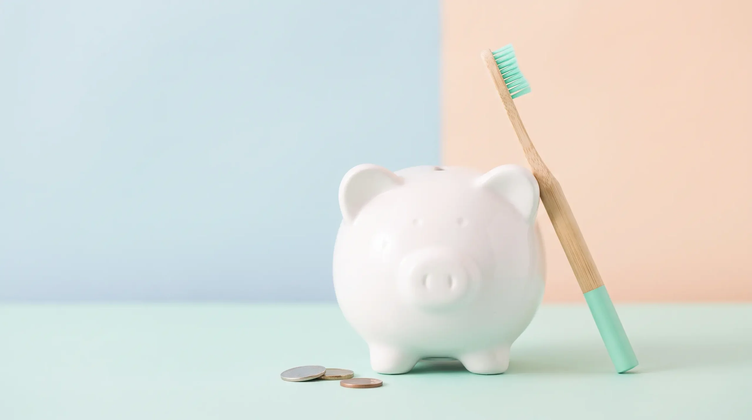 Piggy bank and toothbrush showing how regular dental exams save money