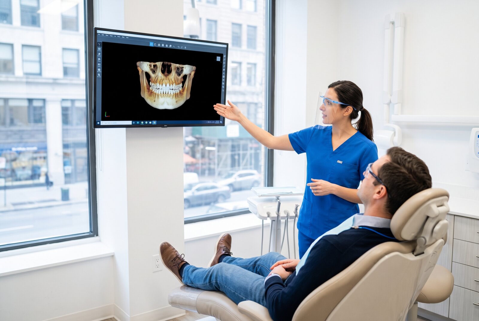 Dentist discussing a jaw scan with a patient on a monitor during an implant consultation in Reseda California