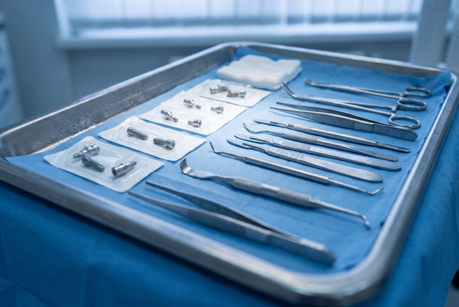 Dental surgical instruments and implant components arranged on a sterile tray before an implant placement in Reseda