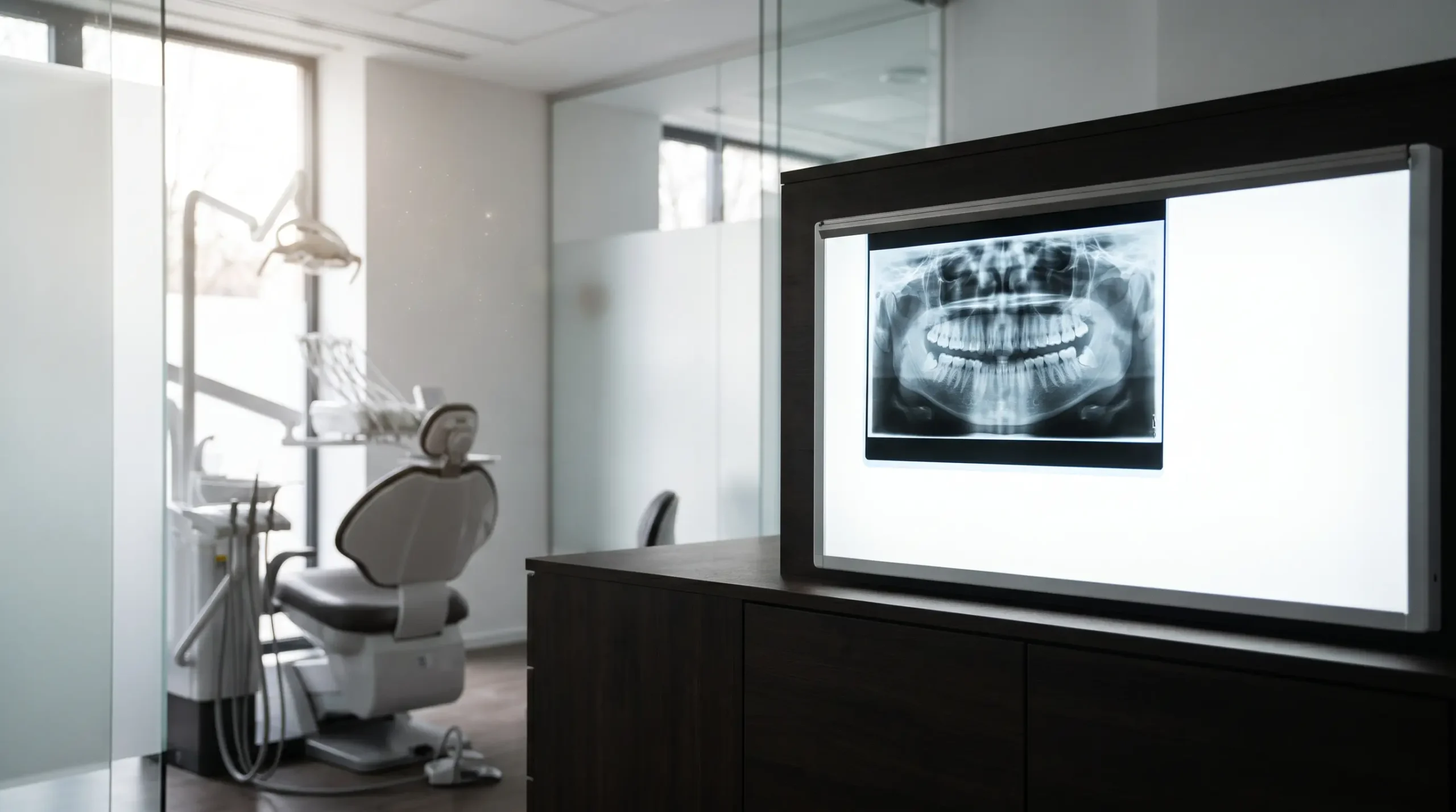Dental x ray on a viewing screen revealing hidden dental problems in a Reseda patient