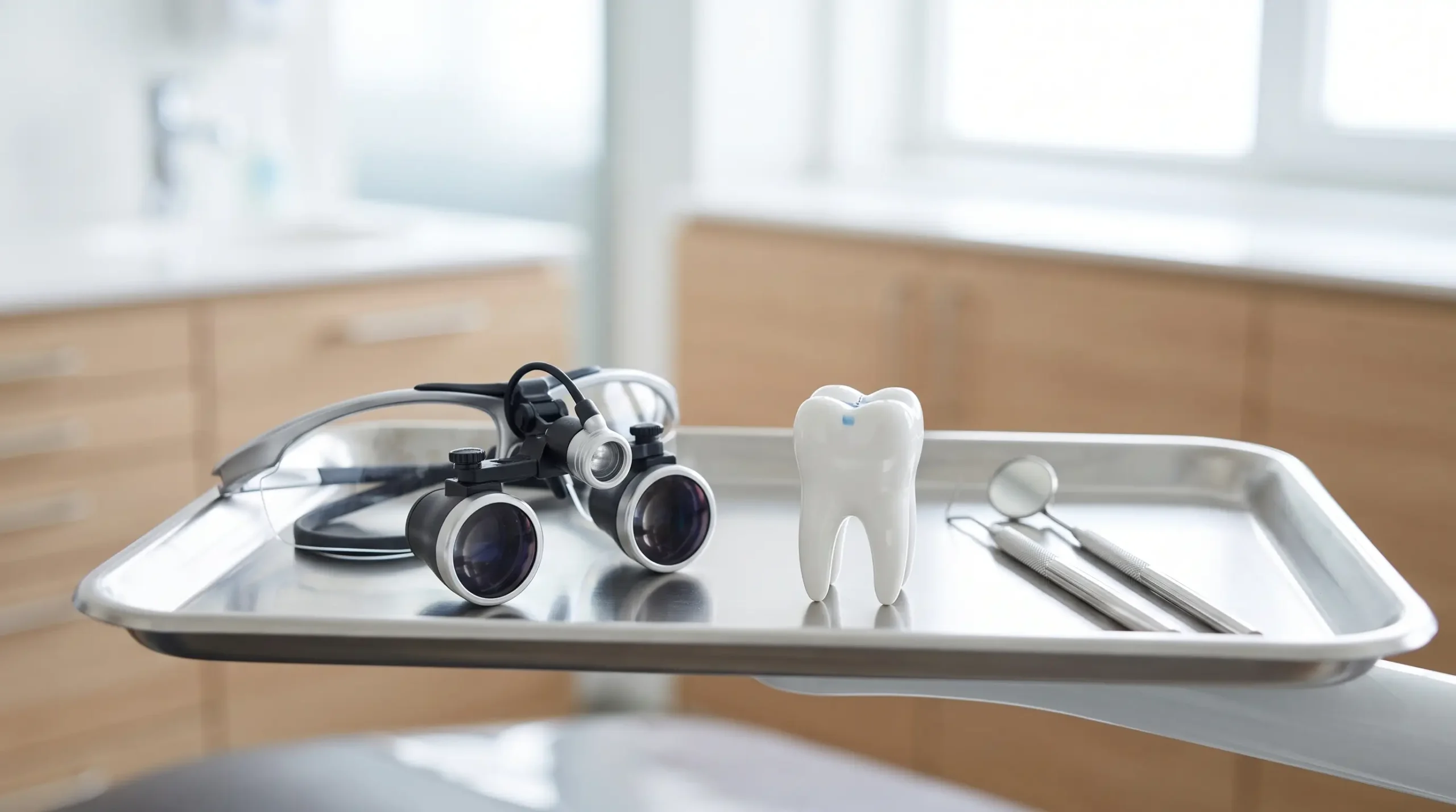 Dental loupes and tooth model representing early detection at regular dental exams