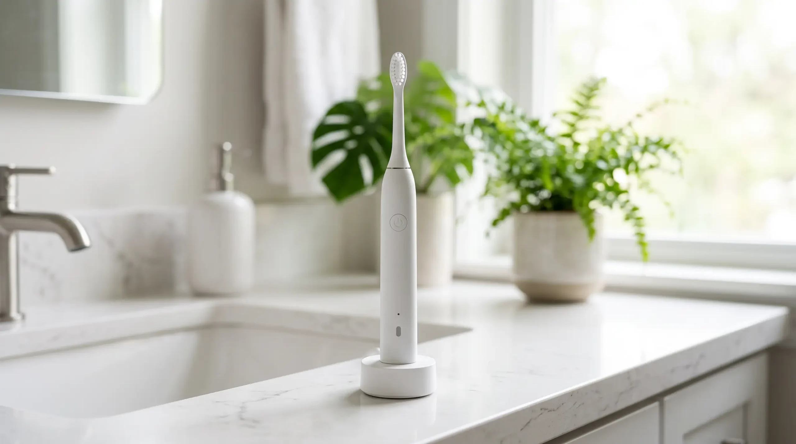 Electric toothbrush on a bathroom counter as an alternative for better brushing technique