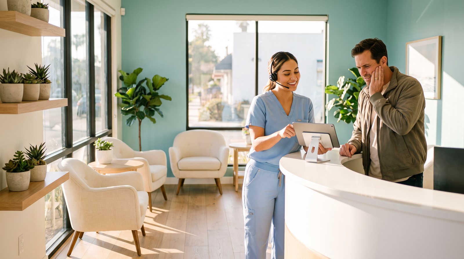 Emergency dentist in Reseda front desk helping a patient with urgent tooth pain