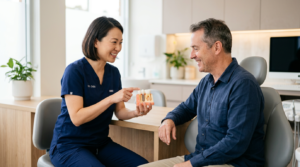 Reseda dentist explaining dental implant cost options to a patient at Canby Dental