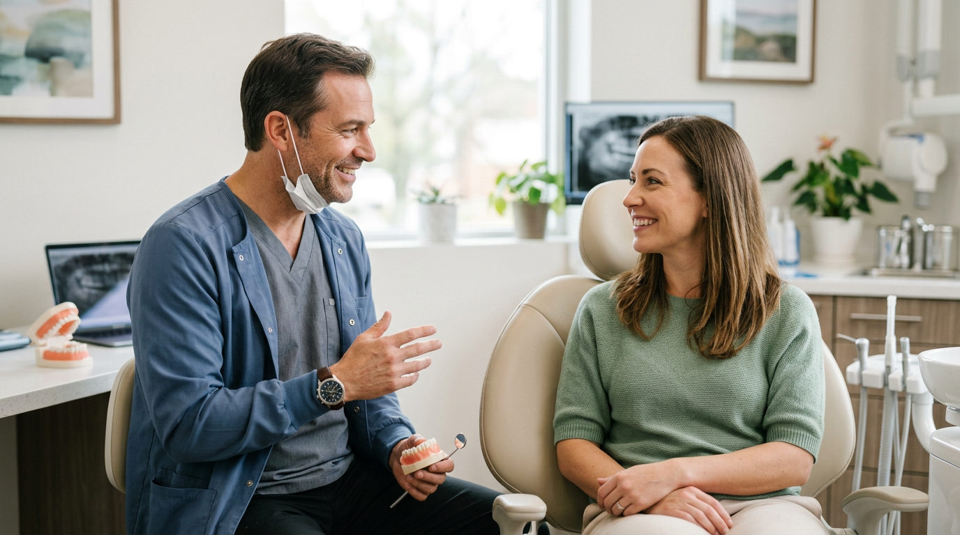 Dentist reassuring a patient during a tooth extraction consultation in Reseda
