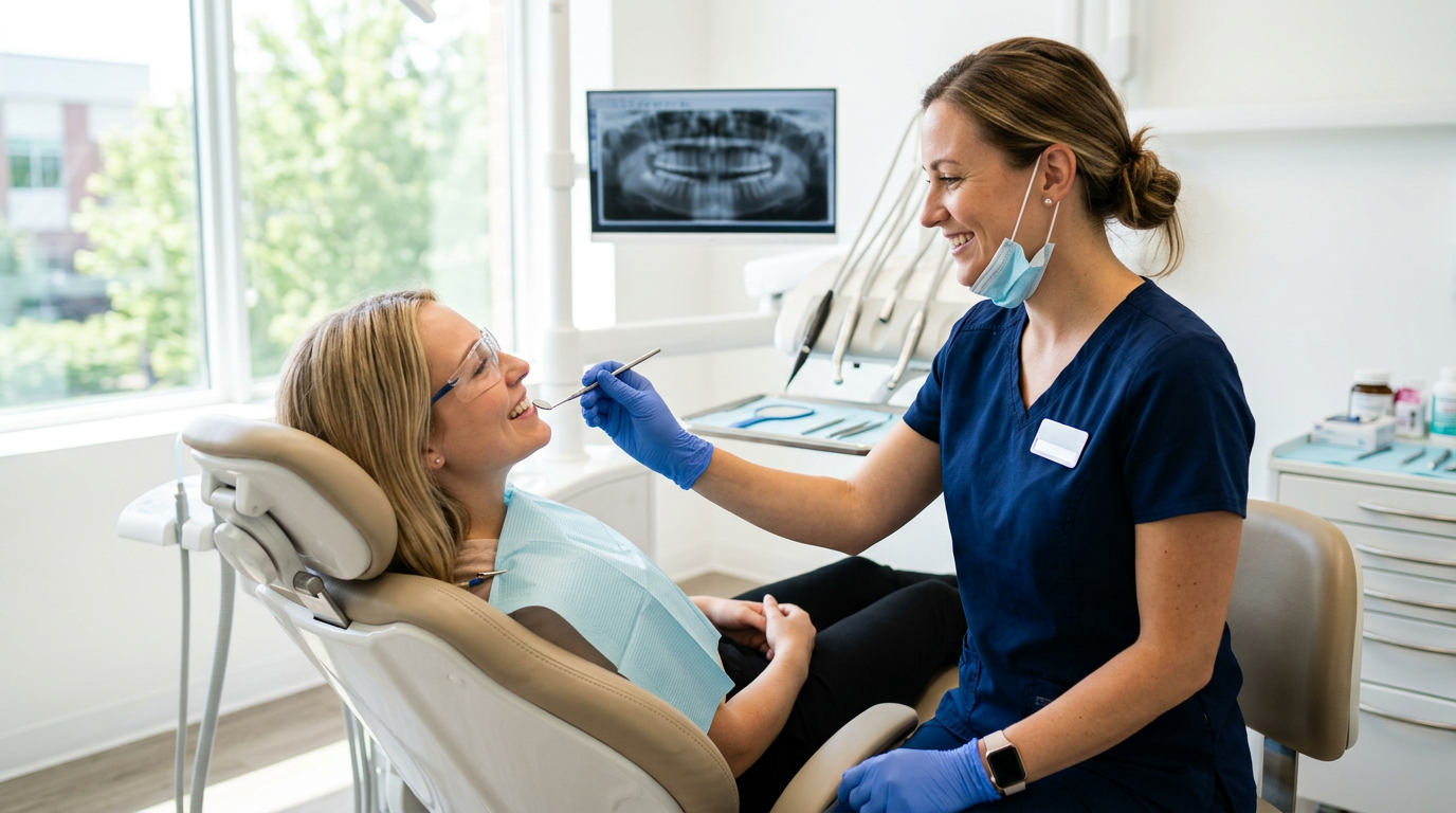 Dentist gently examining a relaxed patient during a dental visit in Reseda
