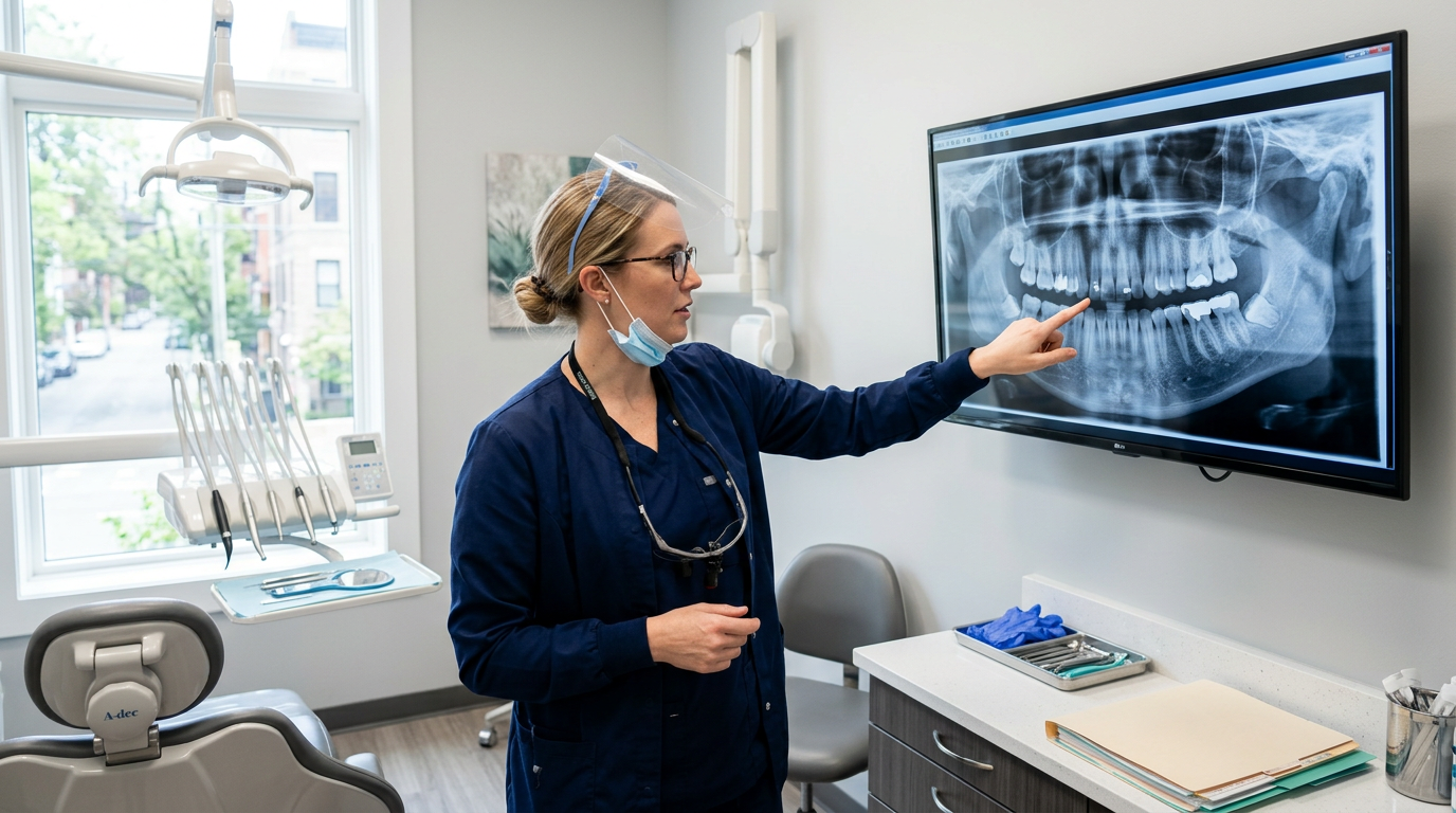Dentist reviewing a dental X-ray to check whether a tooth needs extraction