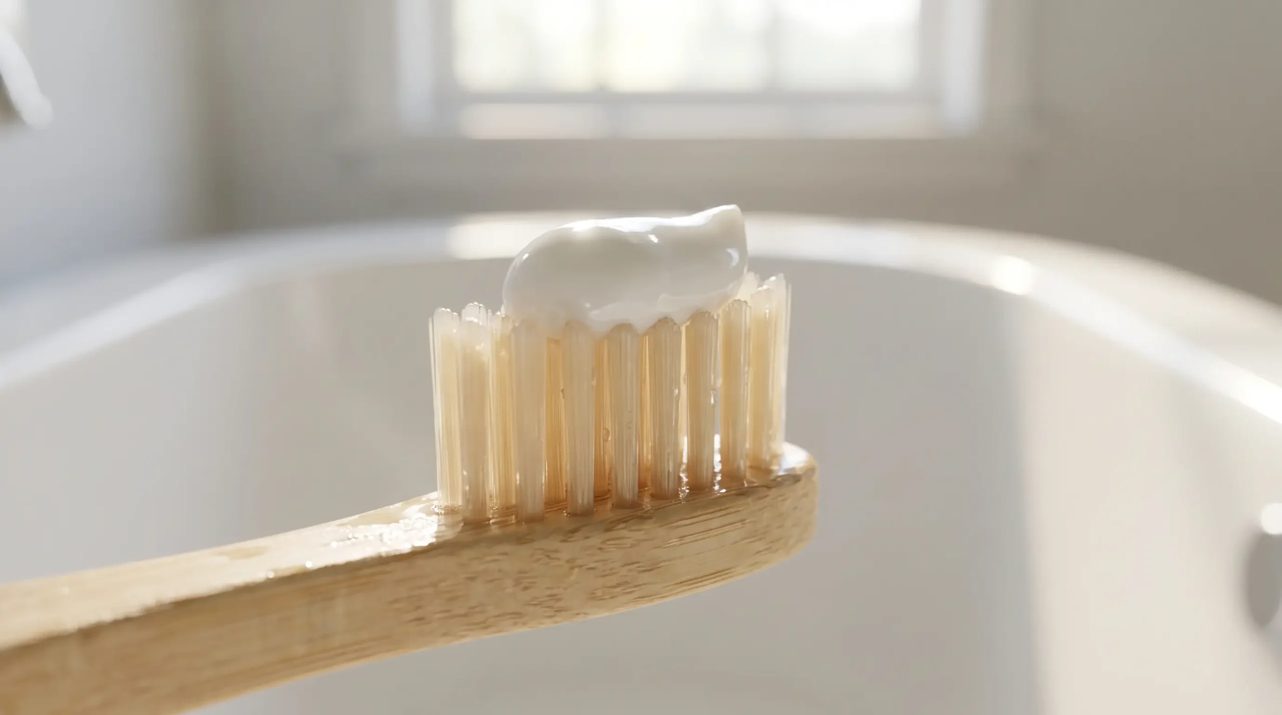 Close up of soft toothbrush bristles with toothpaste showing how to brush properly