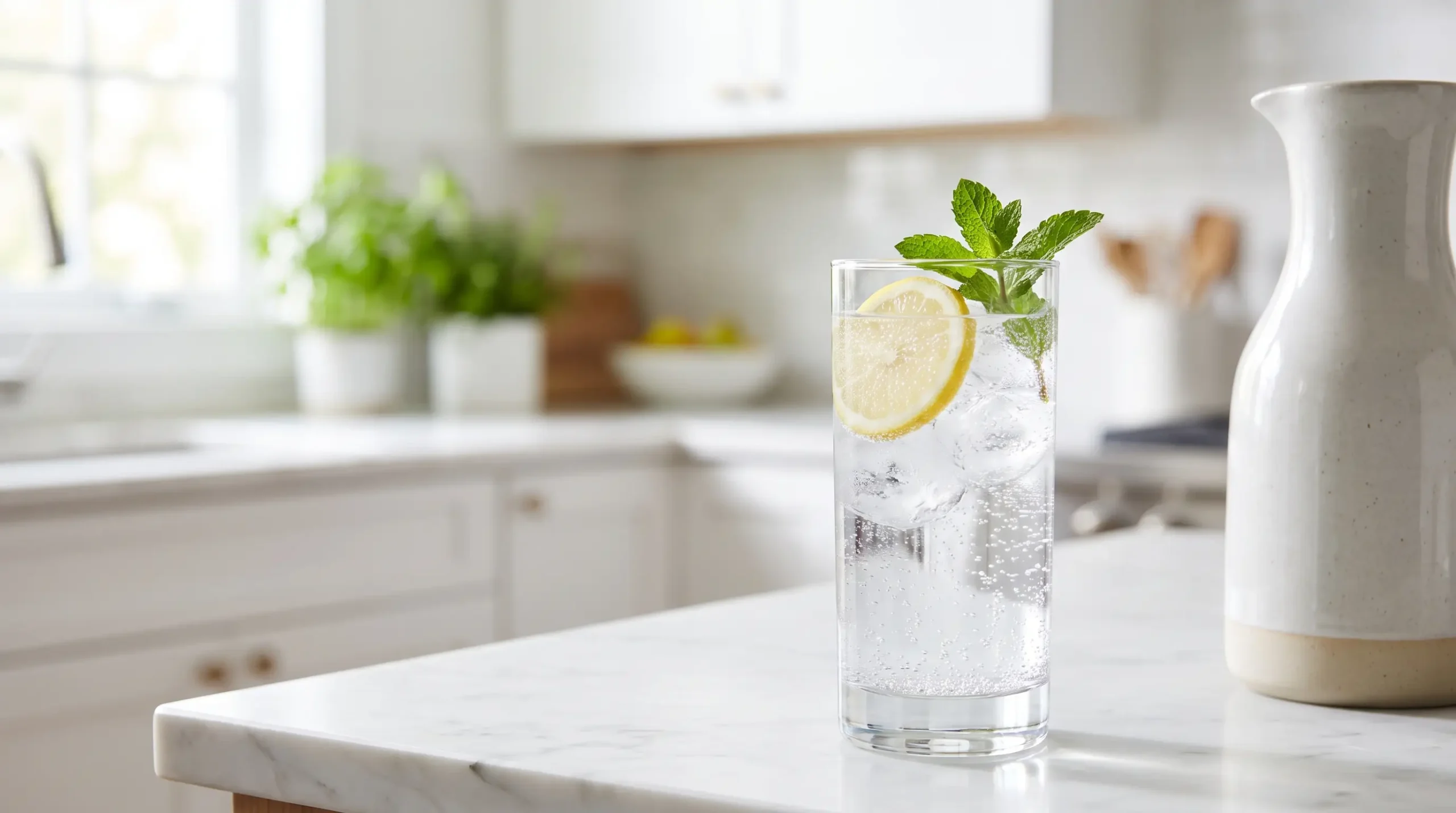 Glass of water with lemon and mint showing hydration as a remedy for bad breath