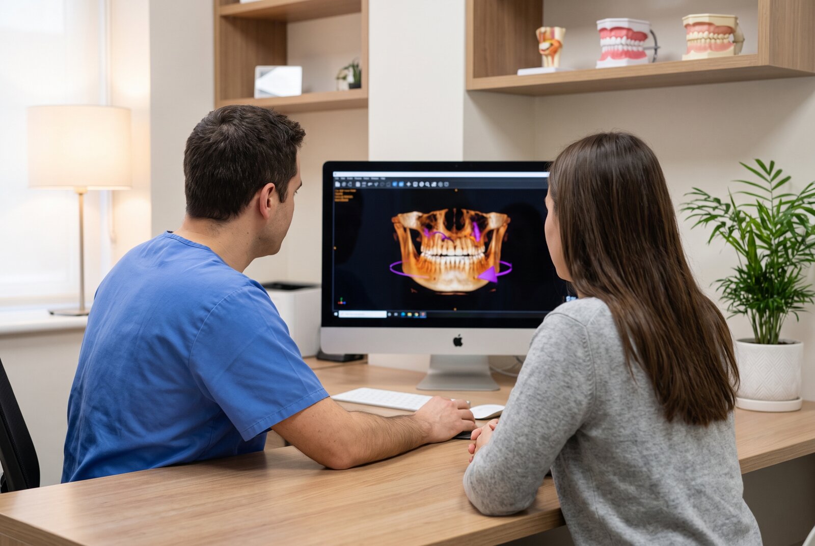 Dentist reviewing a three dimensional jaw scan with a patient considering dental implant treatment in Reseda