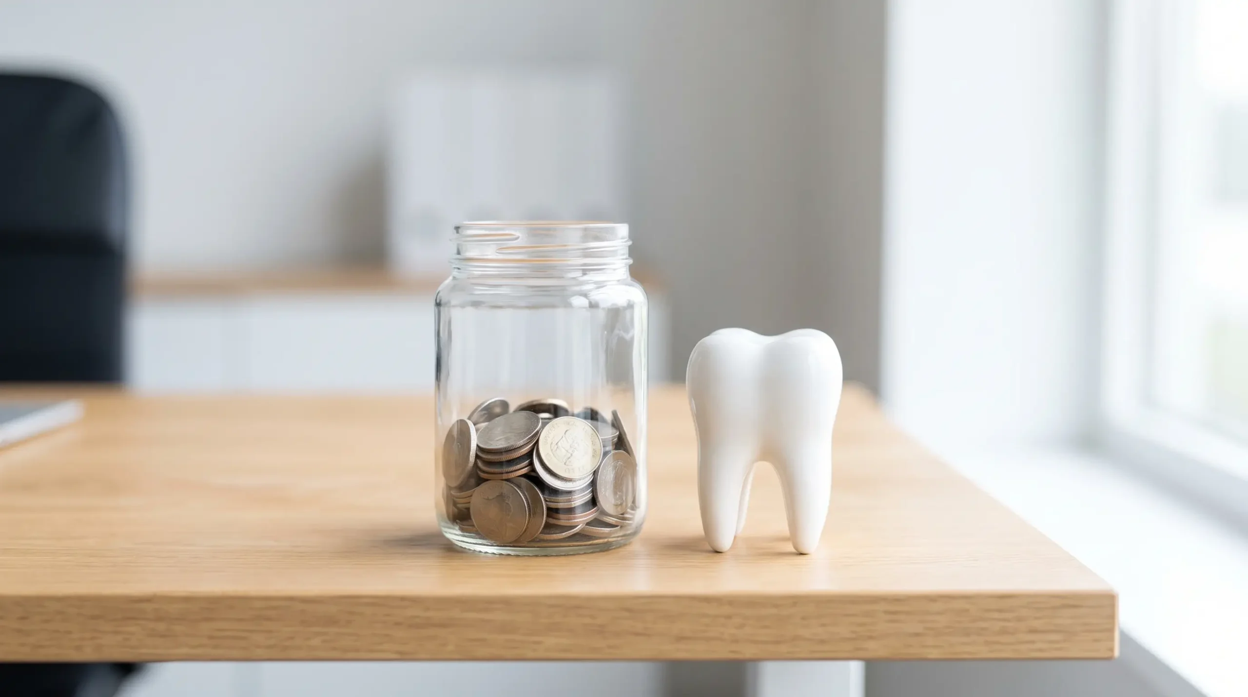Jar of coins and tooth model illustrating the long term savings of preventive dental care