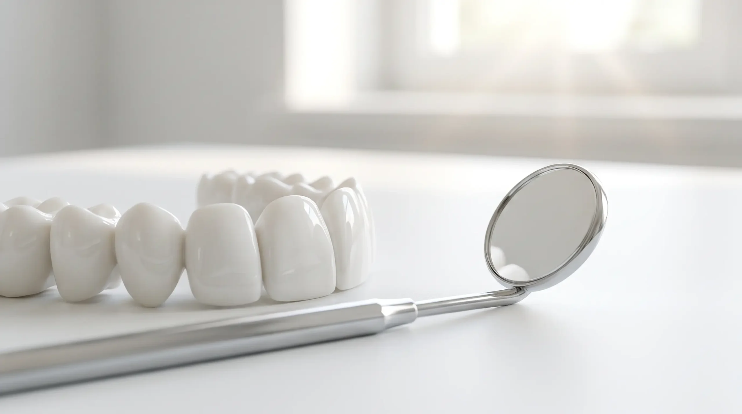 Dental model and mirror illustrating what happens during a professional teeth cleaning in Reseda
