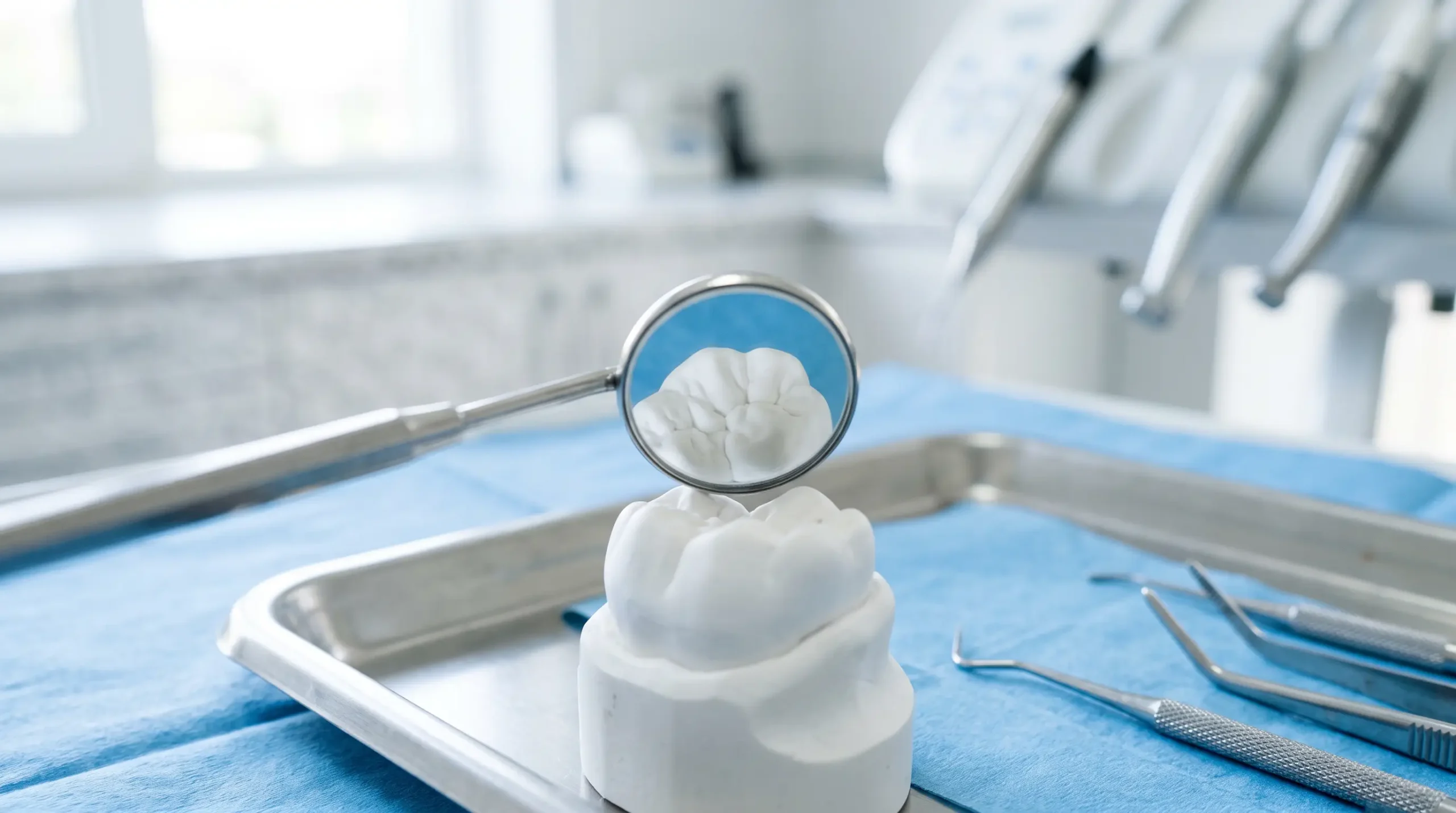 Dental mirror and tooth model used to check signs you need to see a dentist
