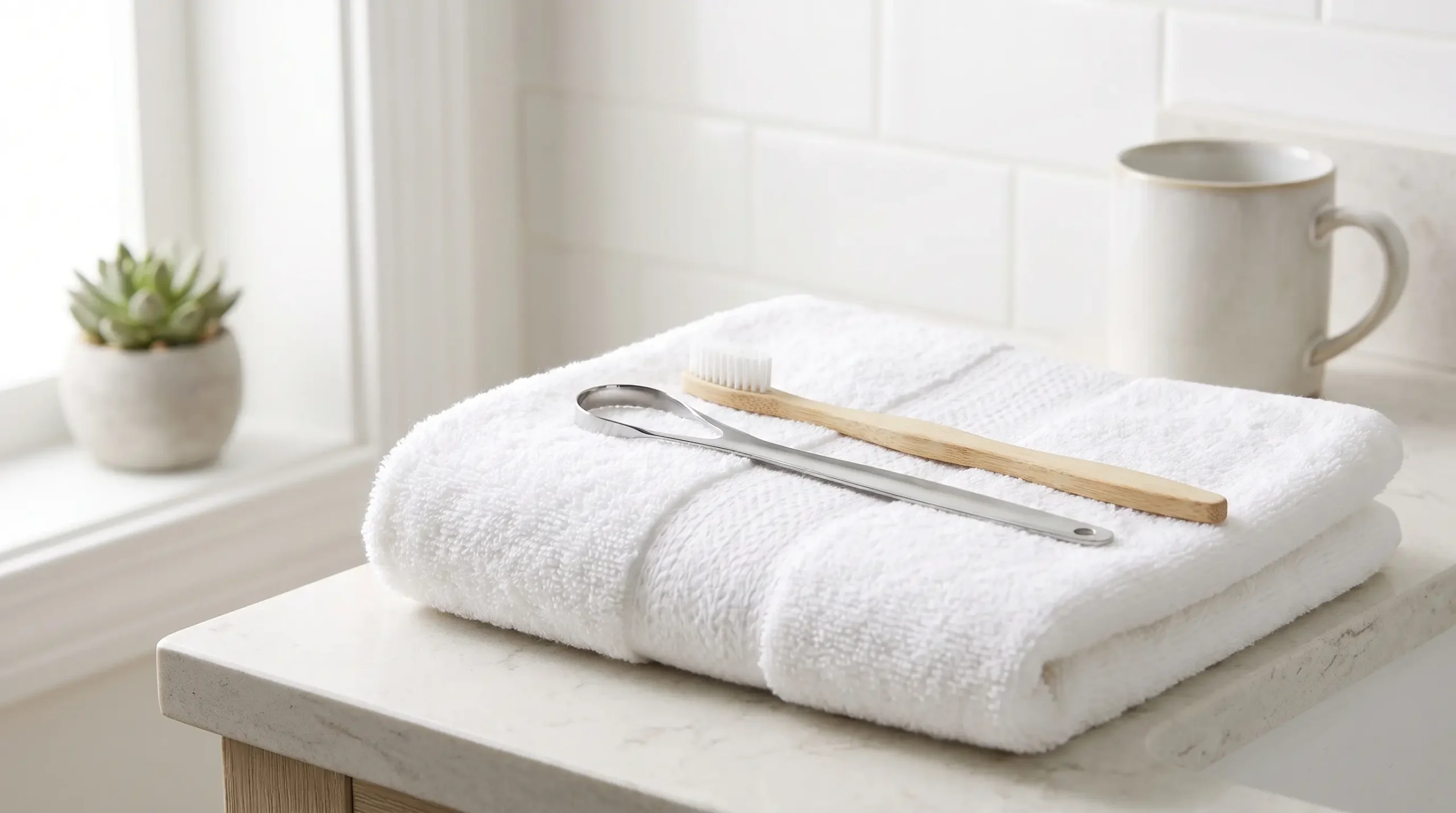 Tongue scraper and toothbrush on a counter, tools for how to get rid of bad breath