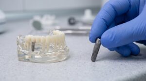 Titanium dental implant post held next to a jaw model at a Reseda dental office