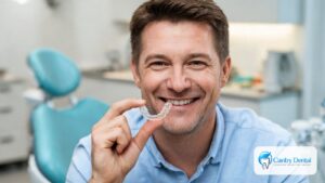 Adult man in a Reseda dental office holding a clear Invisalign style aligner