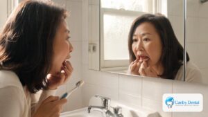 Woman checking her gums in a bathroom mirror after noticing bleeding when brushing