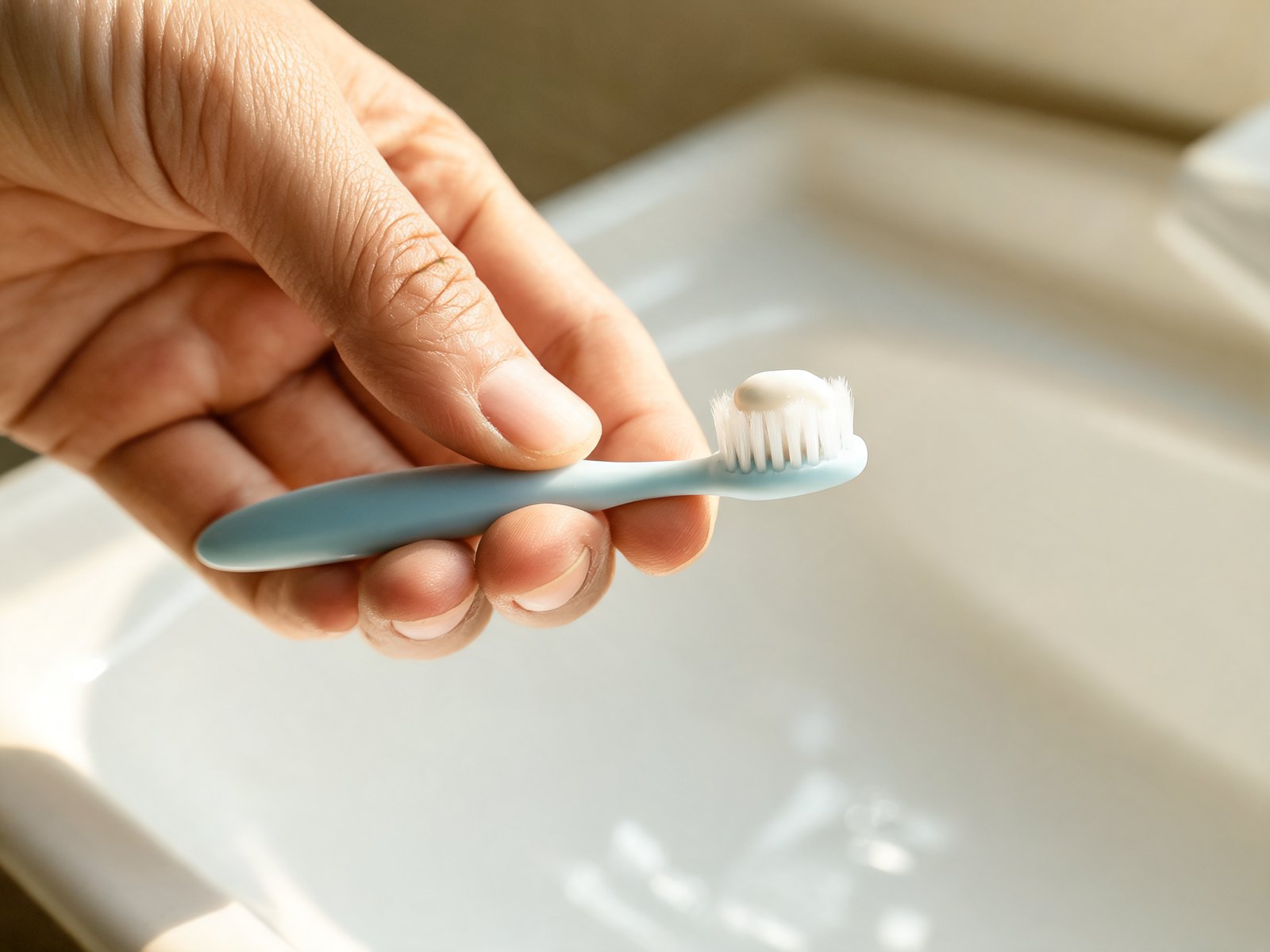 Parent gently brushing a baby's first teeth with a tiny toothbrush
