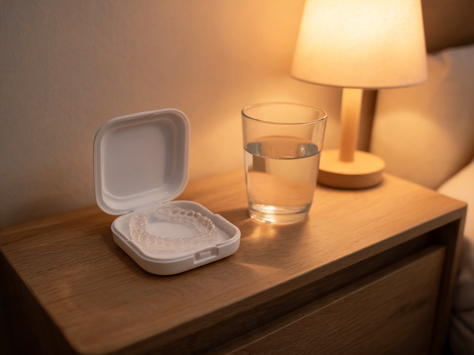 Clear plastic retainer resting in its case on a nightstand