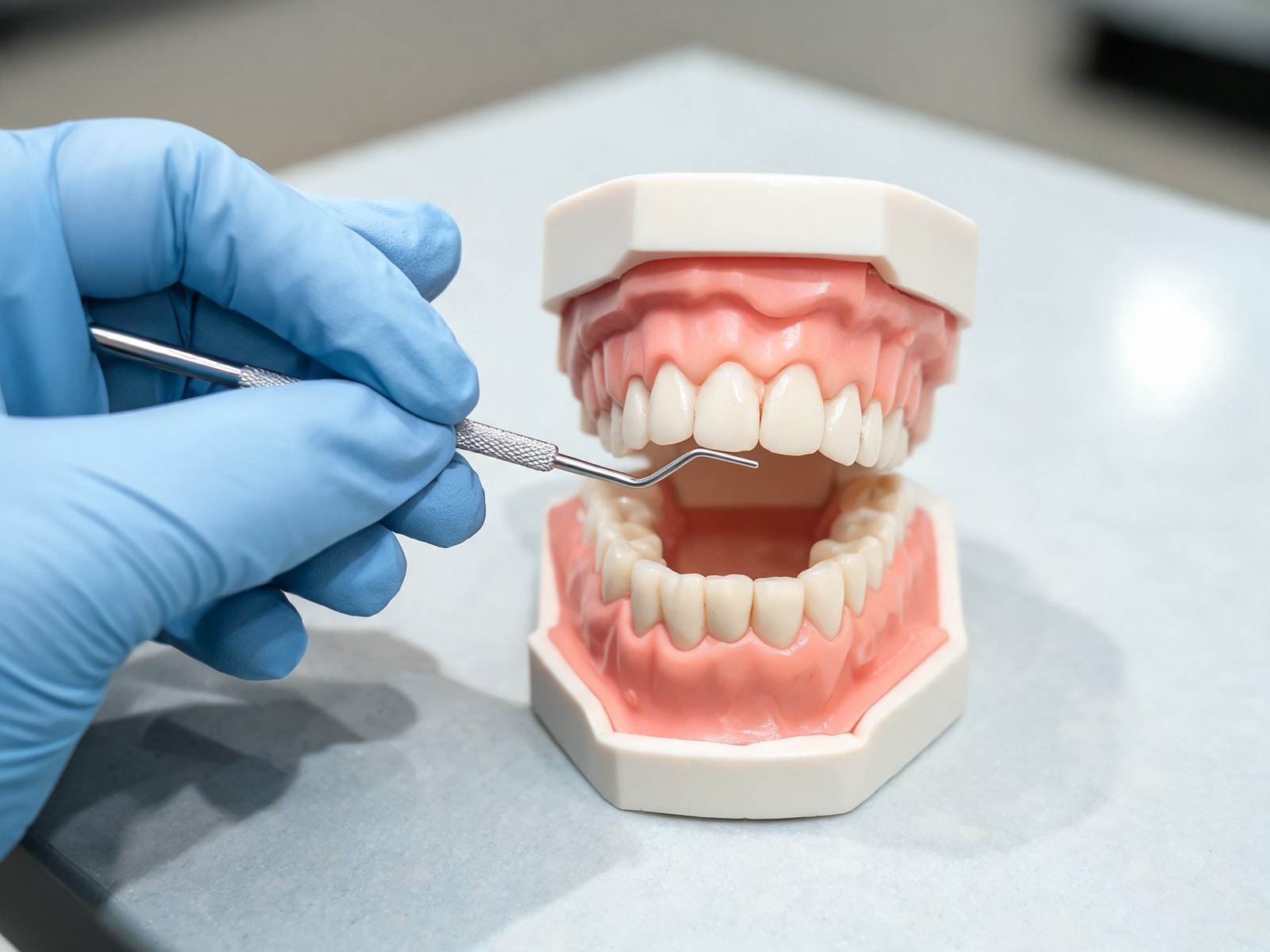 Dental model with crowded front teeth being pointed out during an orthodontic consultation