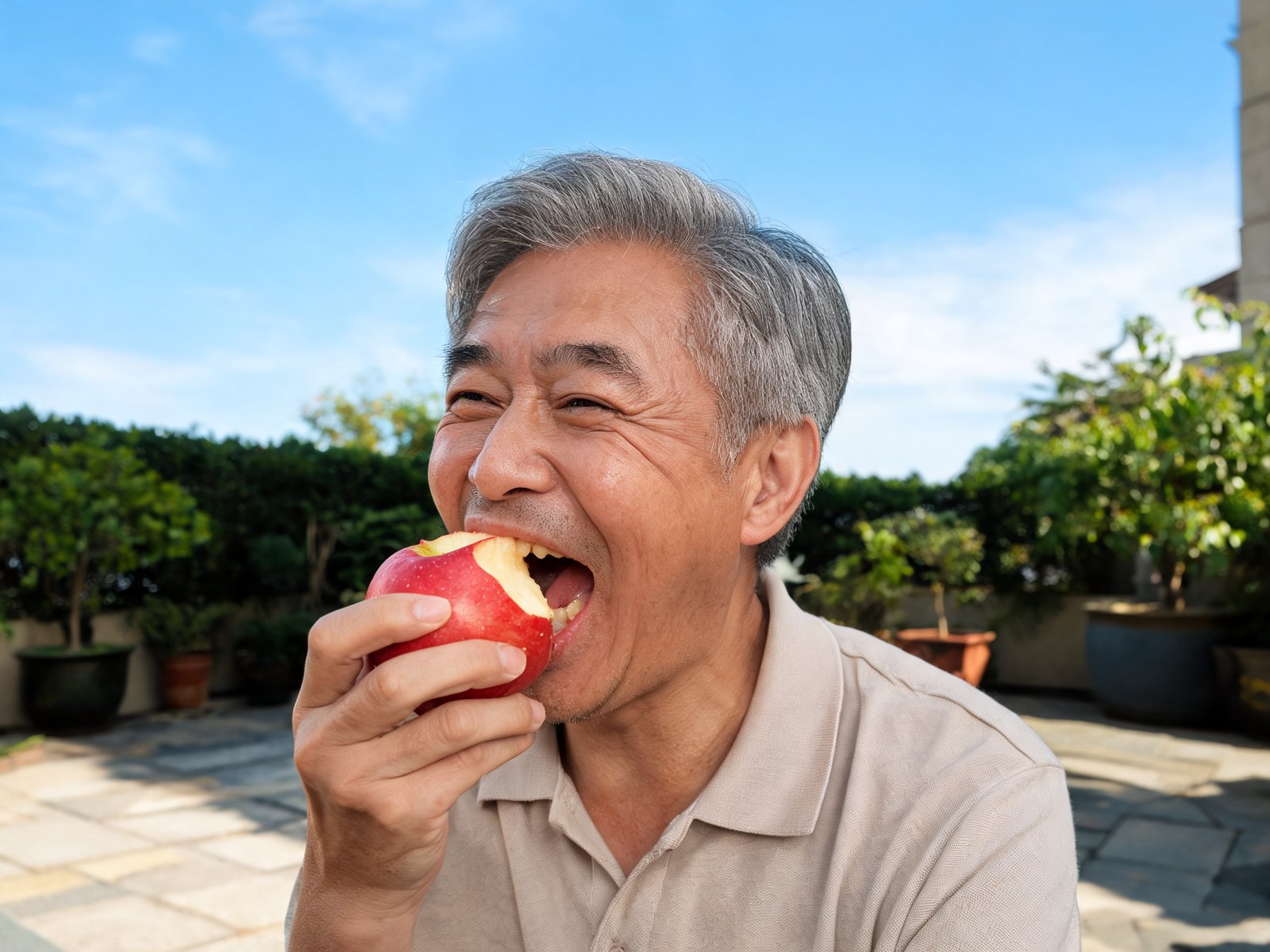 Smiling older man biting into an apple outdoors after dental implant treatment