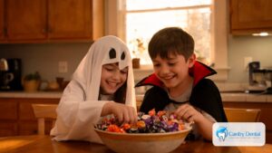 Children sorting Halloween candy at a kitchen table
