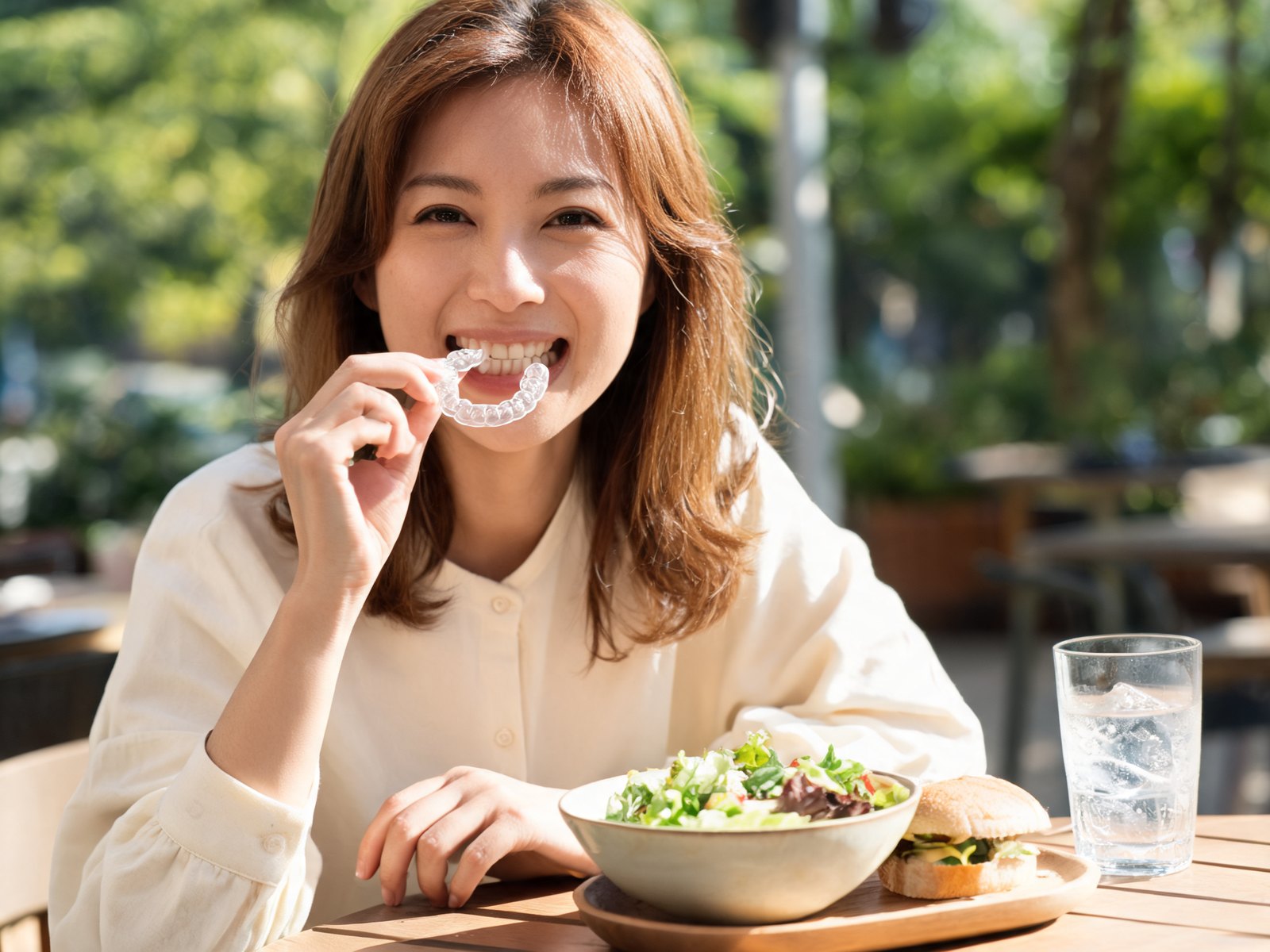 Adult woman removing her clear aligner at a cafe table before lunch