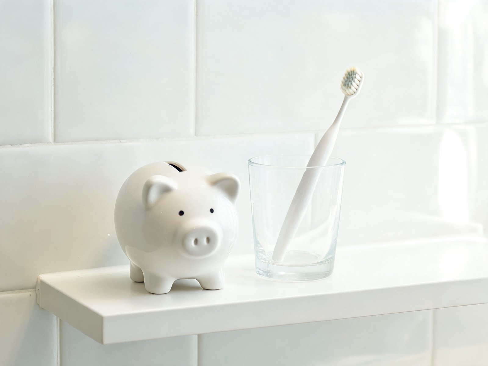 Piggy bank next to a toothbrush on a bathroom shelf