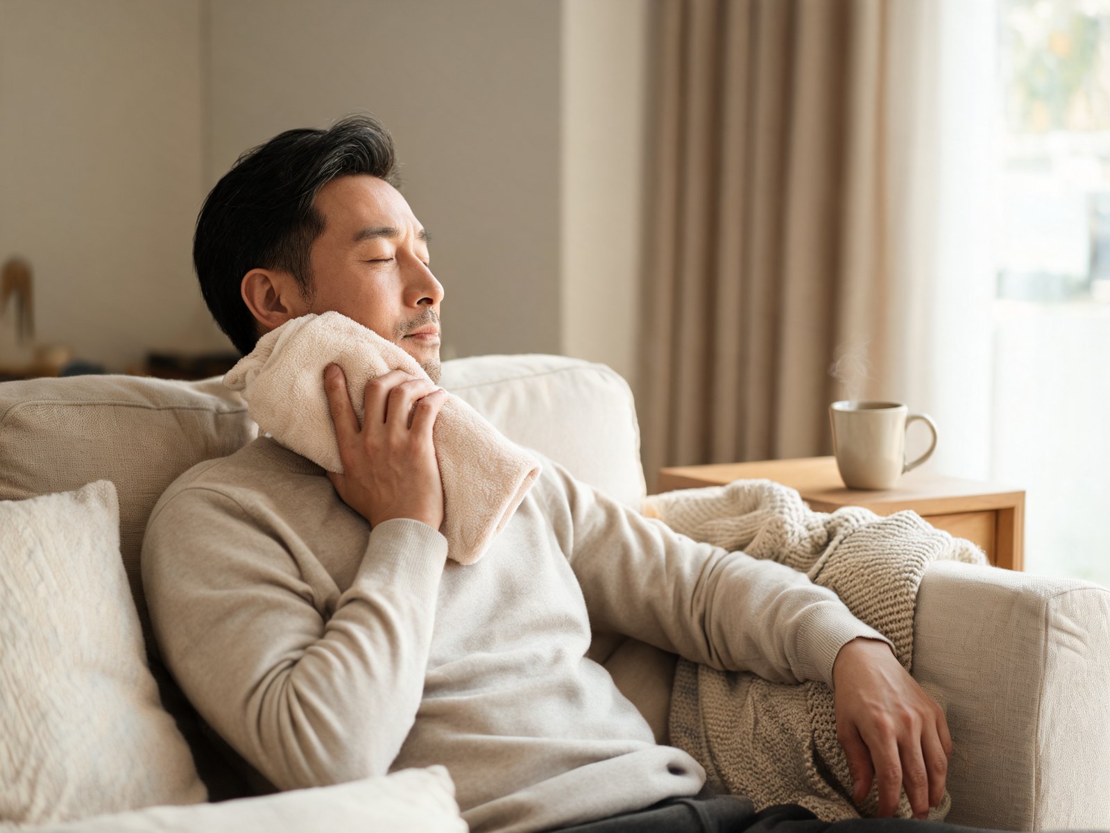 Person resting with a warm compress against the side of the jaw